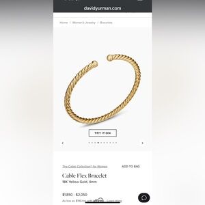 David Yurman 18k yellow gold Cable Flex bracelet, 4mm 6.5-7 inch size